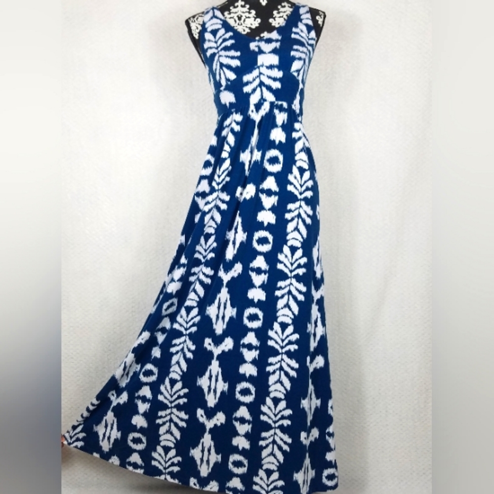 🔥Gap Women's Halter Teal Blue White Maxi Dress Tropical Boho Beach Sundress XS